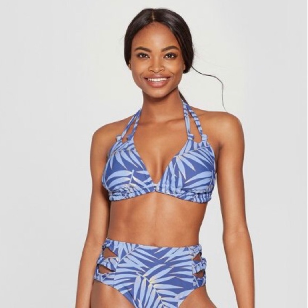 Xhiliration blue gold palm print bikini swimsuit